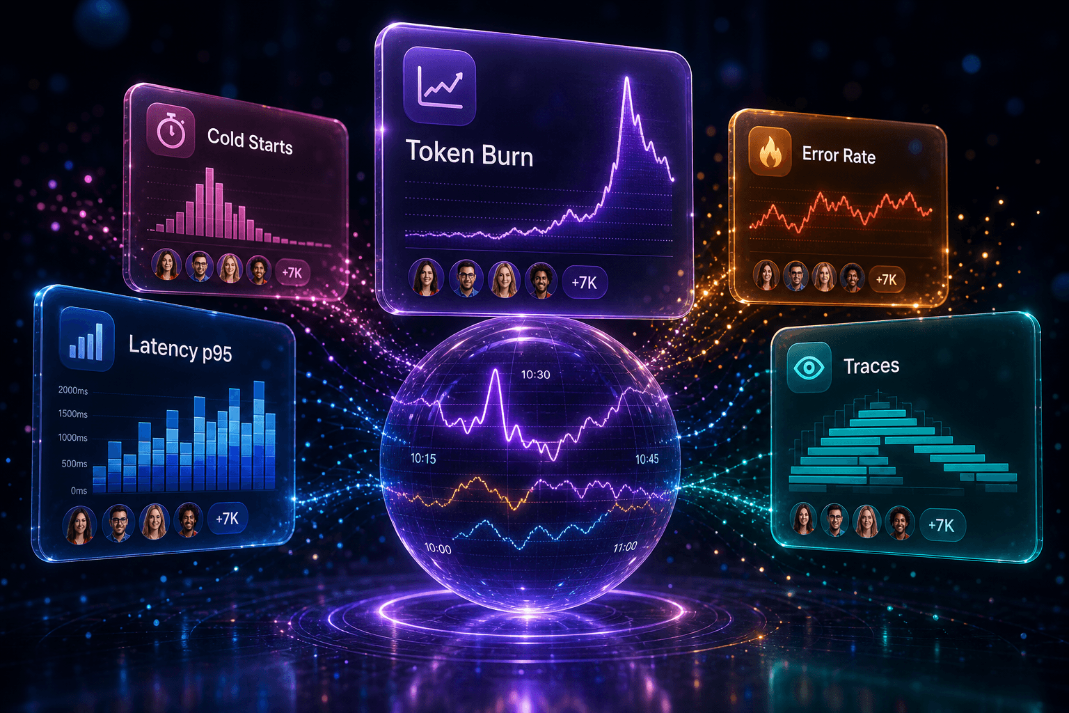 Glass cards labelled Latency p95, Cold Starts, Token Burn, Error Rate and Traces orbiting a glowing EKG-pulse sphere on a dark navy background.