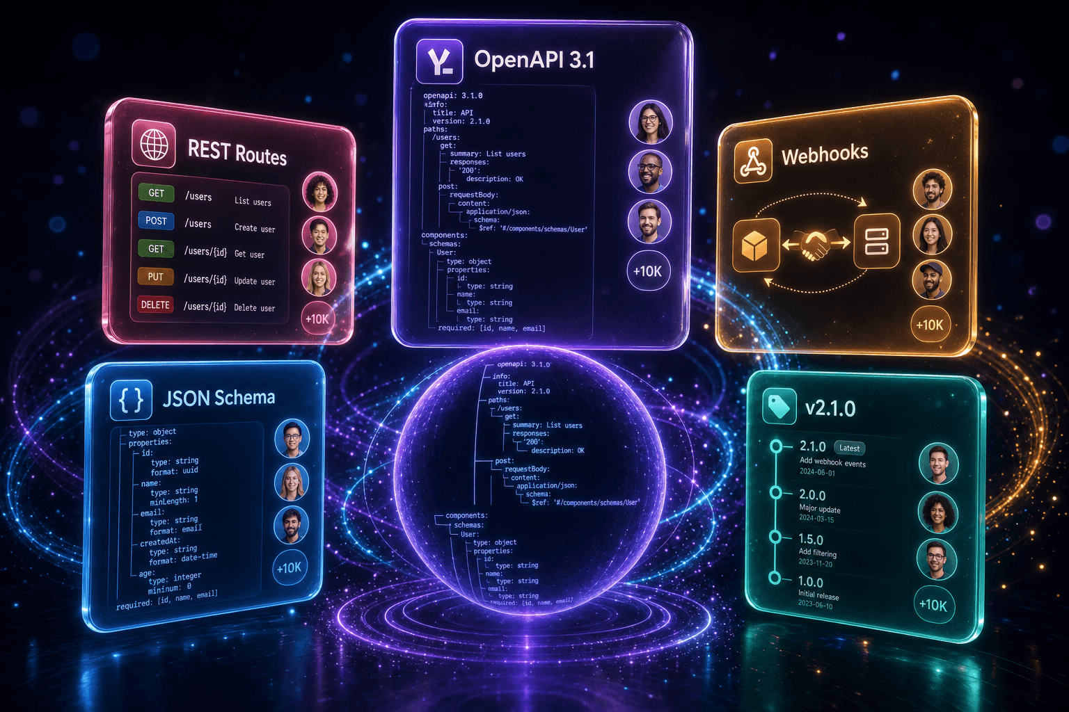 Glass cards labelled JSON Schema, REST Routes, OpenAPI 3.1, Webhooks and v2.1.0 orbiting a glowing schema-tree sphere on a dark navy background.