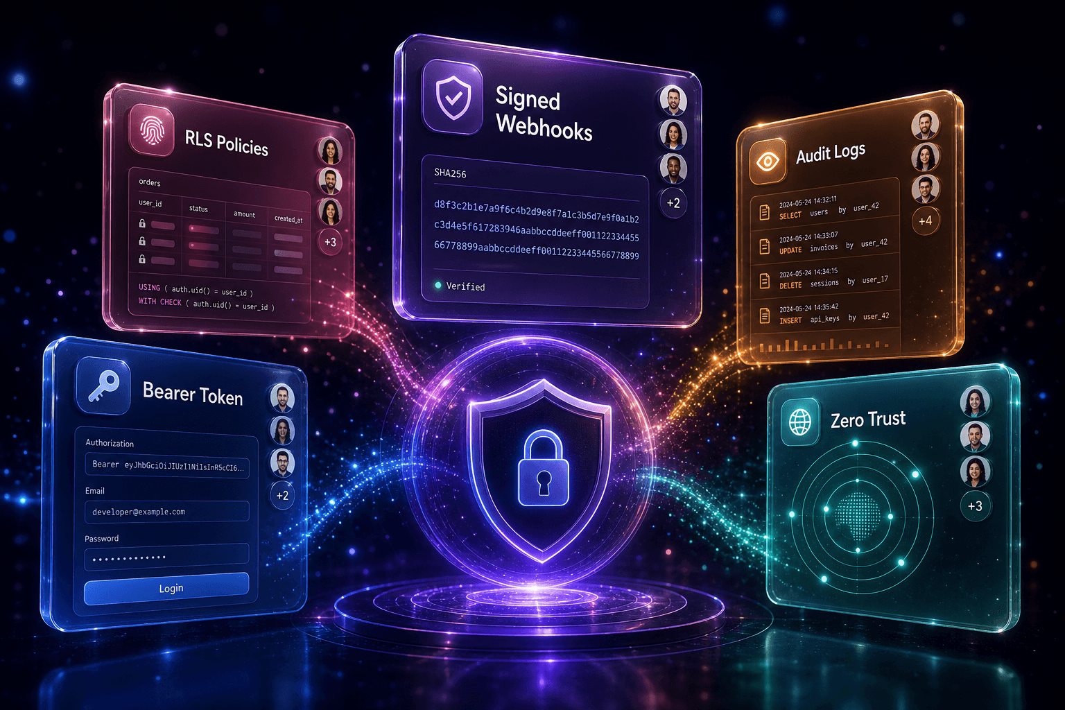 Glass cards labelled Bearer Token, RLS Policies, Signed Webhooks, Audit Logs and Zero Trust orbiting a glowing shield with a padlock on a dark navy background.